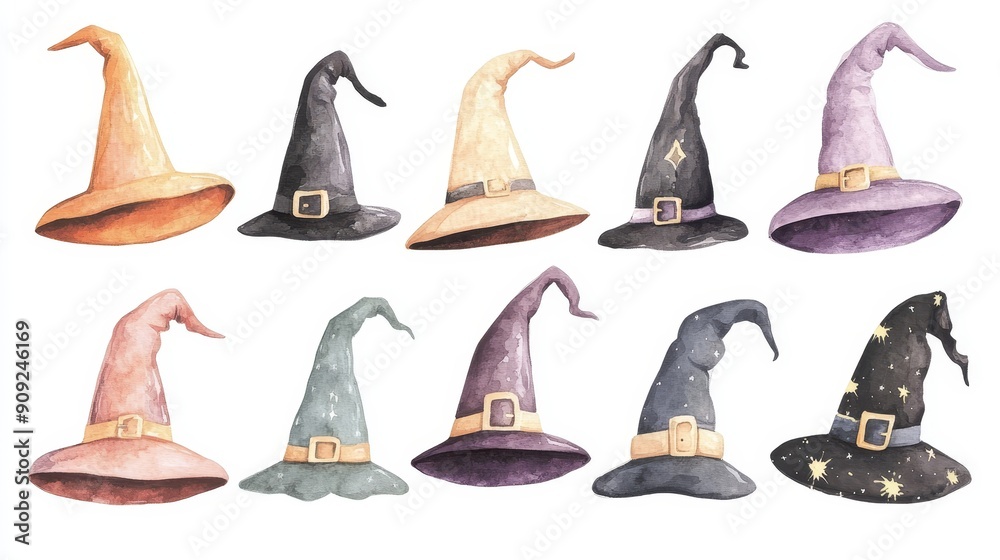 Witch hat collection on white background. Watercolor witch hat illustrations Witch hat collection on white background. Watercolor witch hat illustrations