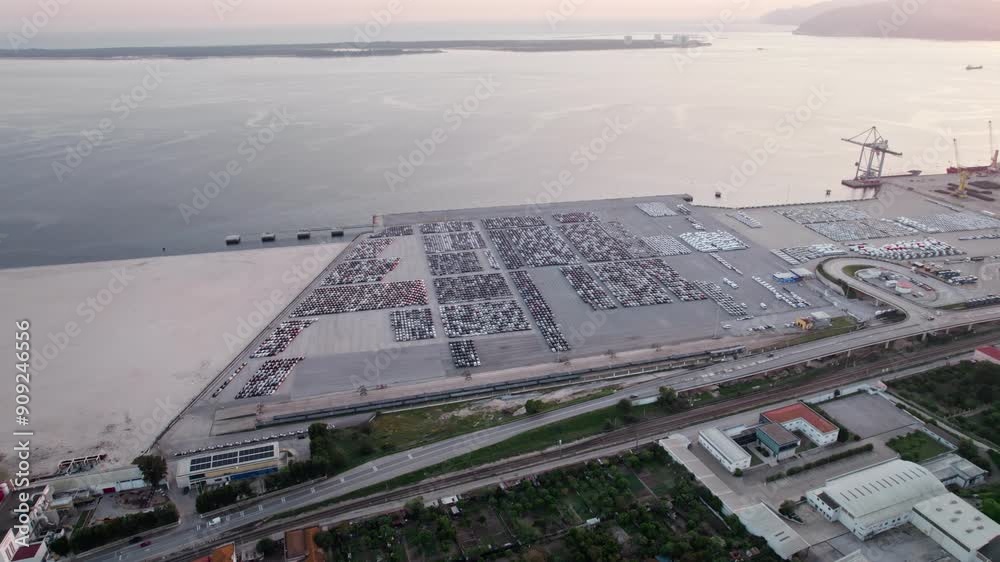An aerial view capturing a vast port infrastructure filled with parked cars, highlighting global trade and export readiness. An aerial view capturing a vast port infrastructure filled with parked cars, highlighting global trade and export readiness.