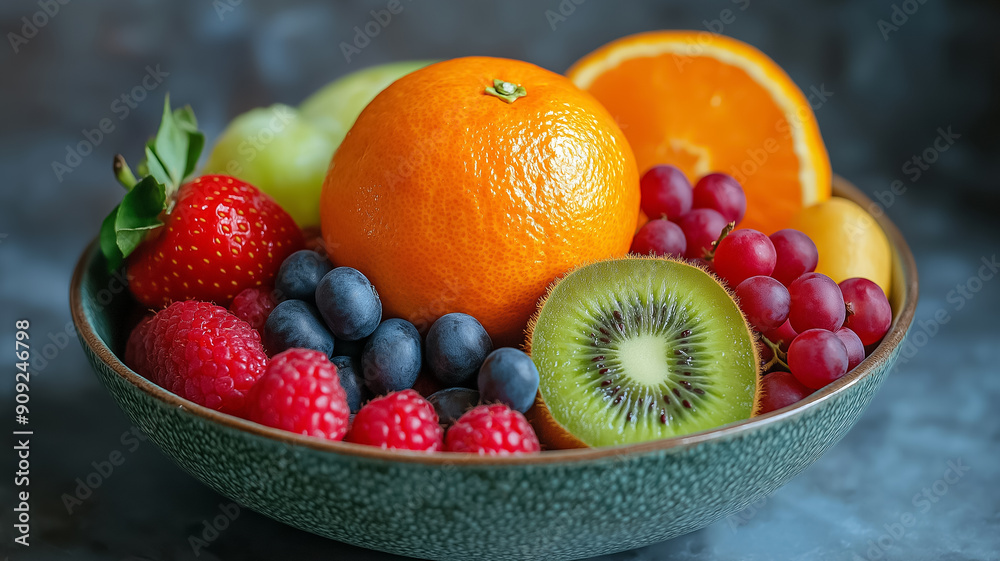 Close-up of a bowl filled with fresh mixed fruits including oranges, strawberries, blueberries, raspberries, kiwis, and grapes, showcasing vibrant colors and textures.
Close-up of a bowl filled with fresh mixed fruits including oranges, strawberries, blueberries, raspberries, kiwis, and grapes, showcasing vibrant colors and textures.