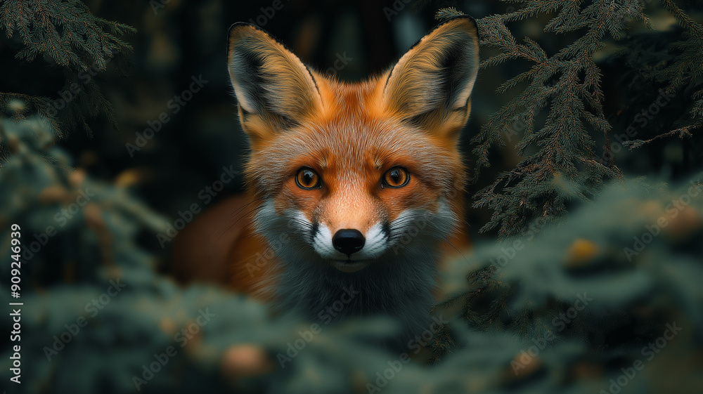 Obraz premium A close-up portrait of a red fox peering through lush green foliage in a forest, showcasing its vibrant fur and alert expression. 