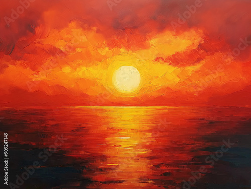 A vibrant painting of a fiery sunset over a tranquil ocean, Oil painting with warm hues of orange, red, and yellow reflecting on the water. 