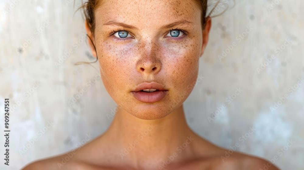 Close-up of young woman with striking blue eyes and full lips against blue background. Beauty and detail concept. Close-up of young woman with striking blue eyes and full lips against blue background. Beauty and detail concept.