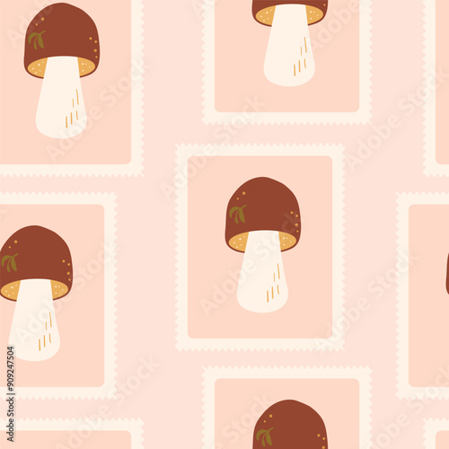 Boletus mushrooms checked seamless pattern. Bento box repeat background. Autumn forest cep retro stamps endless design. Vector hand drawn illustration.