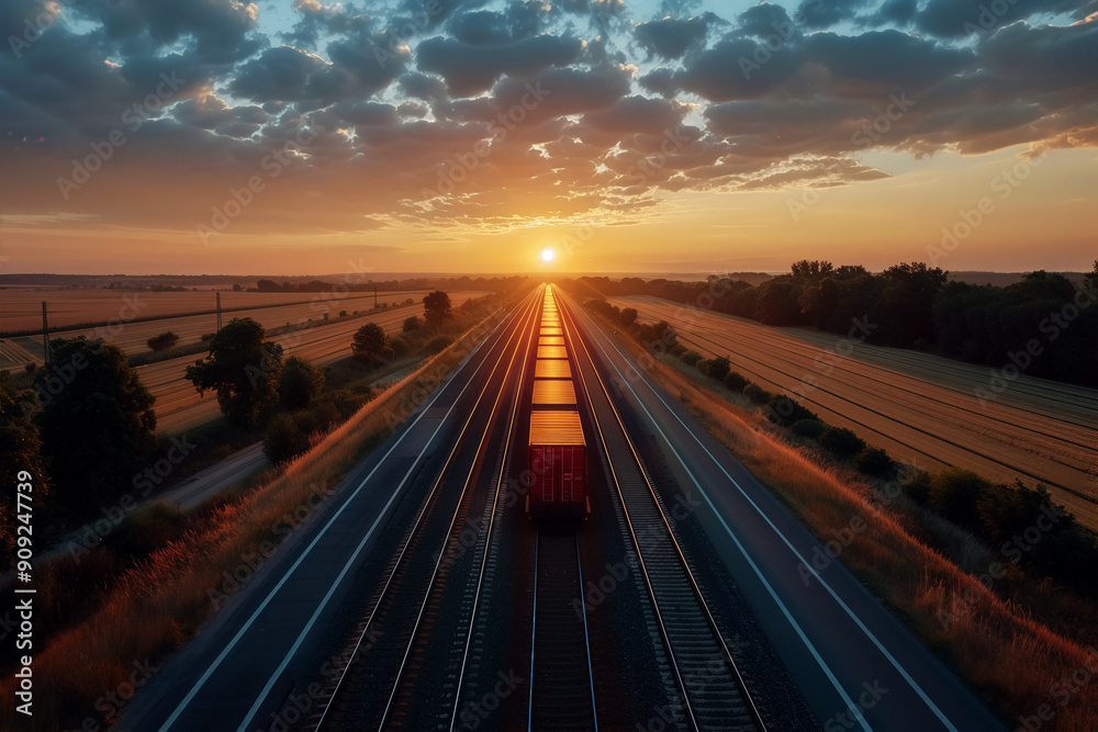 A stunning sunset over railway tracks with a passing train, surrounded by scenic fields and trees under a cloudy sky. A stunning sunset over railway tracks with a passing train, surrounded by scenic fields and trees under a cloudy sky.