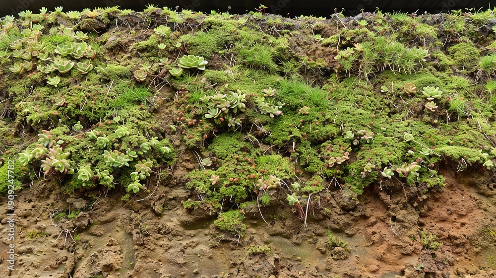 A close-up of a mossy rock wall featuring small plants growing on both sides A close-up of a mossy rock wall featuring small plants growing on both sides