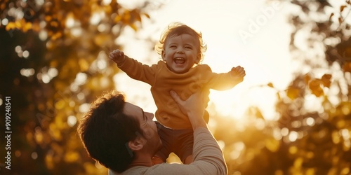 Golden Autumn Joy: A father tosses his toddler son high in the air, laughter echoing through the golden leaves of an autumnal forest. The warm sunlight bathes them in a glow of pure happiness, capturi photo