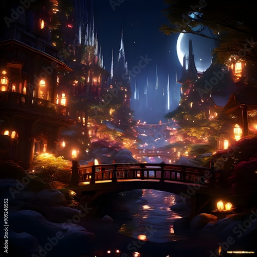 Moonlit Majesty: An enchanted village, aglow with lanterns and moonlight, invites exploration and wonder in a digital masterpiece. 