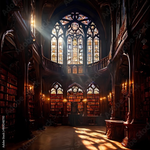 Gothic Library bathed in Sunlight: A breathtaking shot of a grand Gothic library with towering bookshelves, intricate stained glass windows, and sunbeams illuminating the space, evoking a sense of awe
