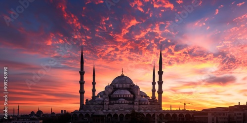 The Blue Mosque at Sunset:  A majestic silhouette of the iconic Blue Mosque in Istanbul, bathed in the warm glow of a breathtaking sunset, with vibrant pink and purple clouds filling the sky. A captiv photo