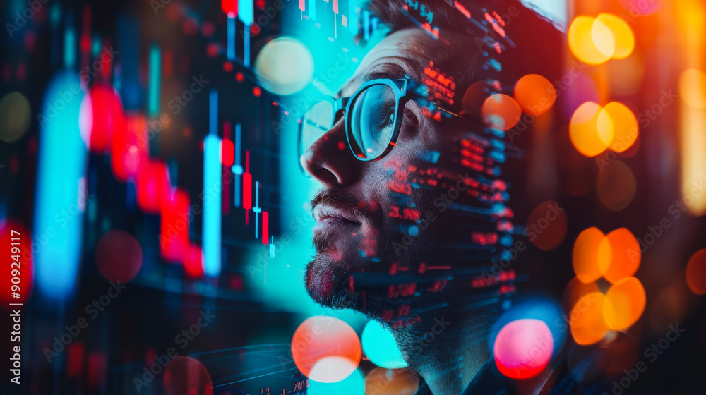 Man with glasses studying digital data charts, perfect for technology and business designs Man with glasses studying digital data charts, perfect for technology and business designs