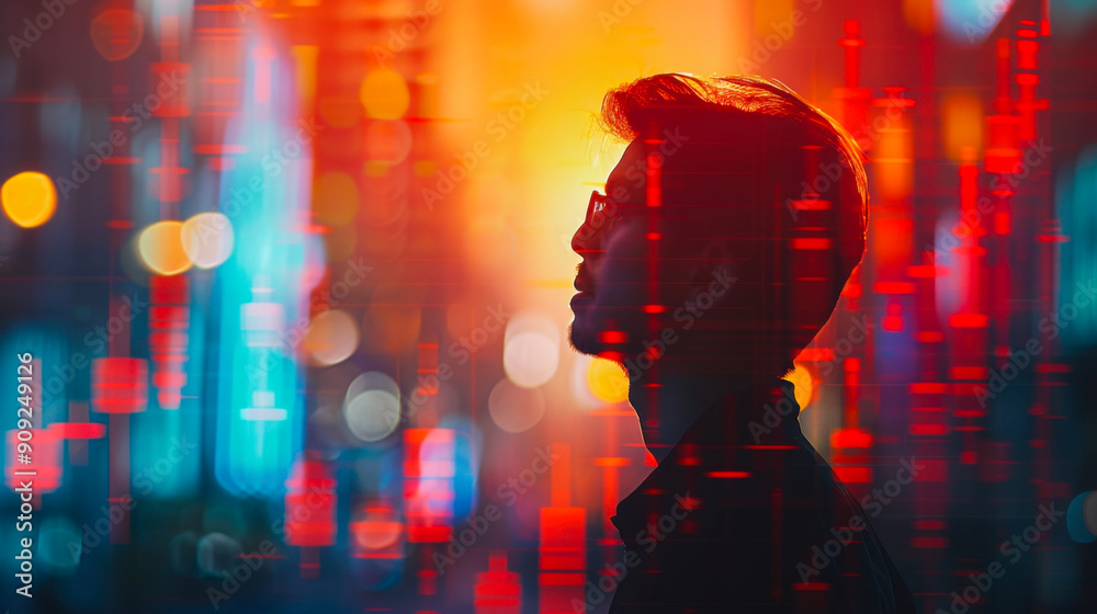 Man observing digital charts with reflective lights, great for technology and corporate designs Man observing digital charts with reflective lights, great for technology and corporate designs