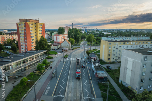 Stogi district in Gdańsk seen from a drone. Evening, July.