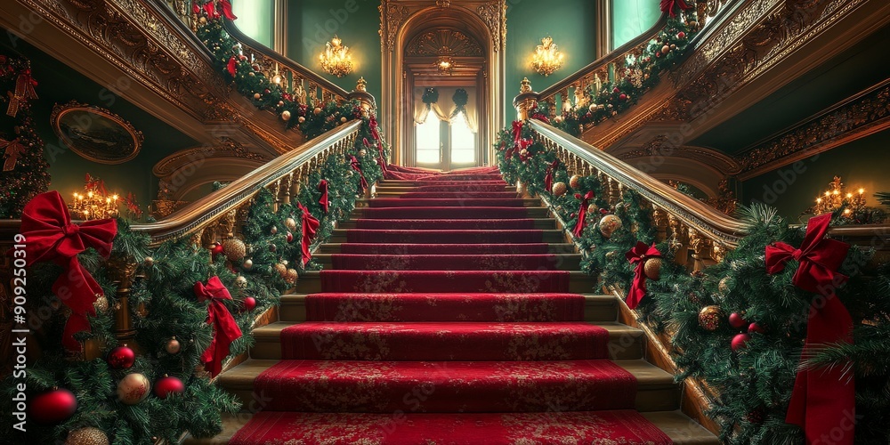 Grand Christmas Staircase with Festive Decorations Grand Christmas Staircase with Festive Decorations