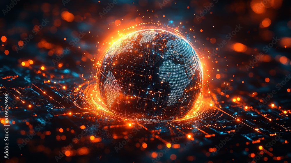 A Digital Globe Illuminated By Orange And Blue Lights