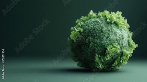 A sphere covered in textured green mold, with sprouting leafy structures, is presented on a dark green background, emphasizing the intricate details and organic form. photo