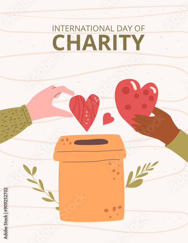 International day of charity template. Donation festive event greeting card. background. Vector flat illustration.
