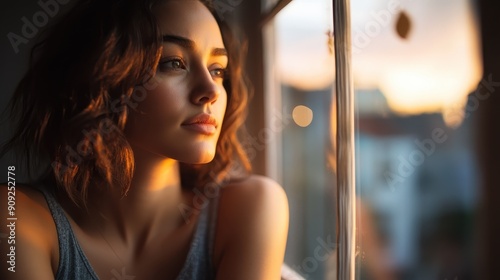 This image captures a thoughtful young woman gazing wistfully out a window during the golden hour, with soft evening light illuminating her contemplative expression.