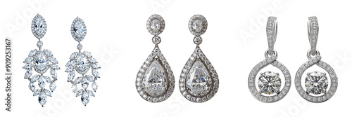 Set of Elegant white cubic zirconia earrings with a sparkling square design  isolated on transparent background