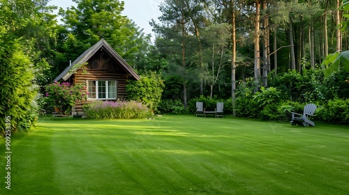 Summer house in the beautiful backyard green garden landscape and fresh green lawn background with a lot pf space