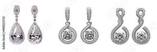 Set of Elegant white cubic zirconia earrings with a sparkling square design  isolated on transparent background