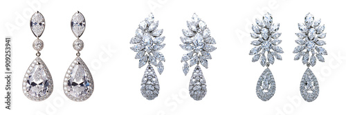 Set of Elegant white cubic zirconia earrings with a sparkling square design  isolated on transparent background