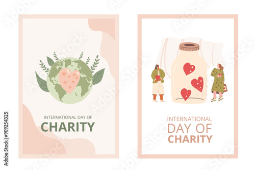 Set of International day of charity templates. Charitable event invitation. Planet Earth with heart and donation box invitation cards. Non profit organizations design. Vector hand drawn illustration.