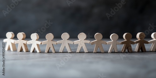 Together We Stand: A line of wooden figures holding hands, symbolizing unity, equality, and the power of community. The figures are unpainted, representing the inherent value of every individual.  photo