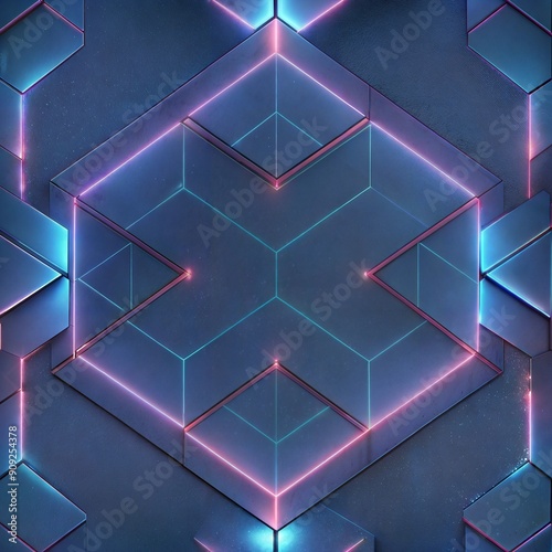 abstract background with squares neon floor top down Generate AI