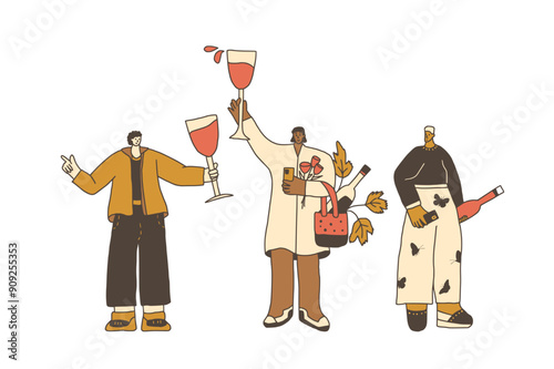 Wine festival. Friends meeting with beverage. Cute characters with wineglasses. Vector hand drawn illustration isolated on white background.