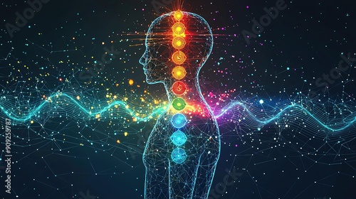 Artistic graphic of chakras aligned along a human silhouette with sound waves connecting each point photo