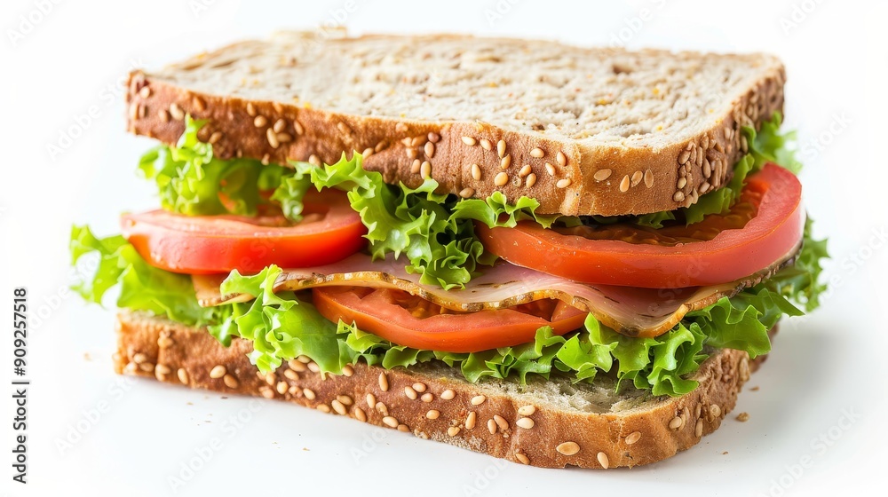 Close-Up of a Ham and Tomato Sandwich with Lettuce on Whole Wheat Bread, Sandwich, Food, Healthy, Delicious Close-Up of a Ham and Tomato Sandwich with Lettuce on Whole Wheat Bread, Sandwich, Food, Healthy, Delicious
