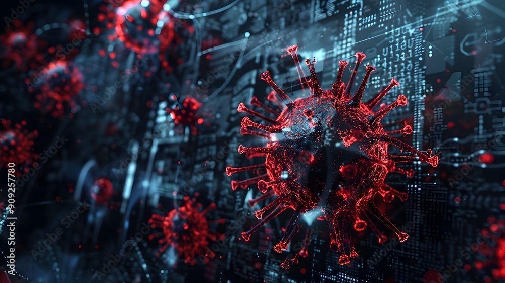 Detailed Microscopic View of Dangerous Virus Outbreak with Cyber Security Overlay Detailed Microscopic View of Dangerous Virus Outbreak with Cyber Security Overlay