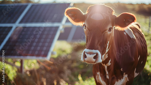 cow in front of solar panel, Animal meets technologie, renewable power source, green energy from sun