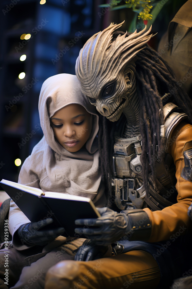 A portrait of a friendly alien reading book with a human kid.