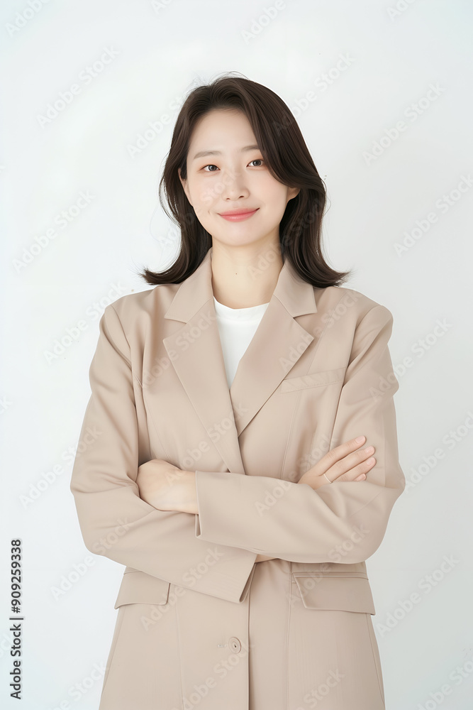 Confident Professional Woman in Beige Suit with Arms Crossed Smiling in Studio Setting Confident Professional Woman in Beige Suit with Arms Crossed Smiling in Studio Setting