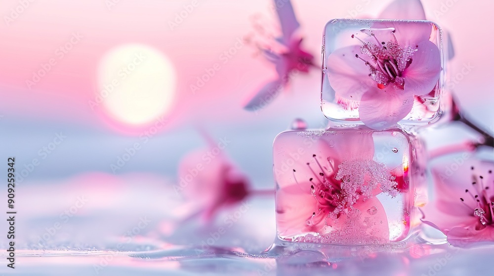 A set of ice blocks with vibrant blossoms positioned on the ice surface, surrounded by a bright sun A set of ice blocks with vibrant blossoms positioned on the ice surface, surrounded by a bright sun