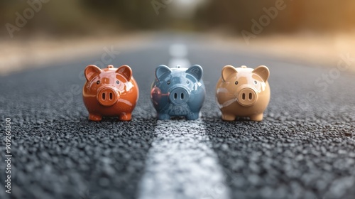 Three brightly colored piggy banks, in orange, blue, and beige, lined up on a road, emphasizing themes of saving, financial success, and collaborative financial goals. photo