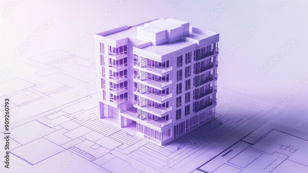 Modern Architectural Model of a Stylish Multi-Story Building on Design Blueprint Modern Architectural Model of a Stylish Multi-Story Building on Design Blueprint