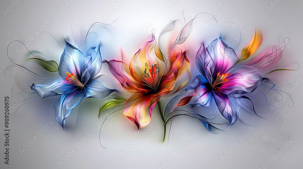 A painting of multicolored flowers on a white background with shades of blue, red, yellow, and green A painting of multicolored flowers on a white background with shades of blue, red, yellow, and green