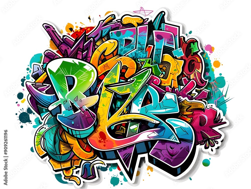 Naklejka premium Stylish Streetwear Graffiti Sticker Design with Vibrant Colorful Abstract Patterns