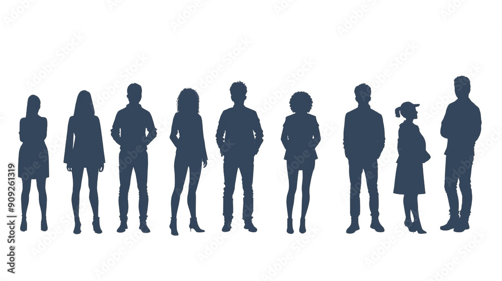Silhouettes of Eight People Standing in a Row Isolated on White Background, silhouette , group , people , crowd Silhouettes of Eight People Standing in a Row Isolated on White Background, silhouette , group , people , crowd