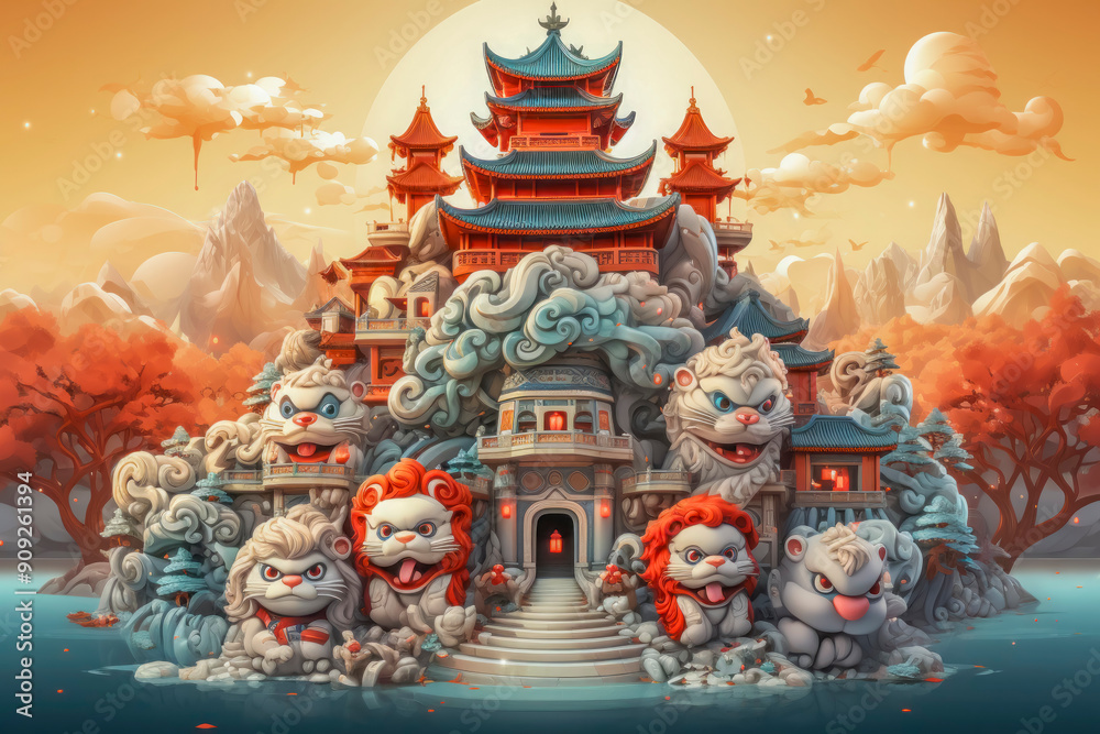 Fototapeta premium Fantastical Chinese Temple with Dragon and Clouds in Paper Art Style