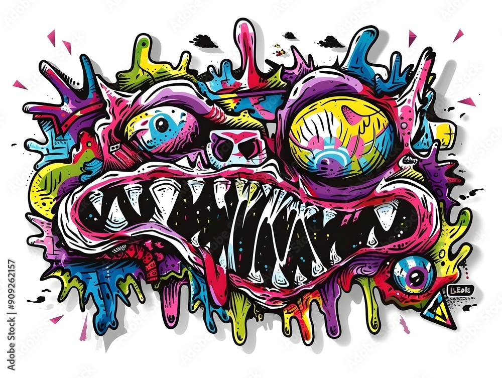 Naklejka premium Stylish Streetwear Graffiti Monster Creature Sticker Design on White Background