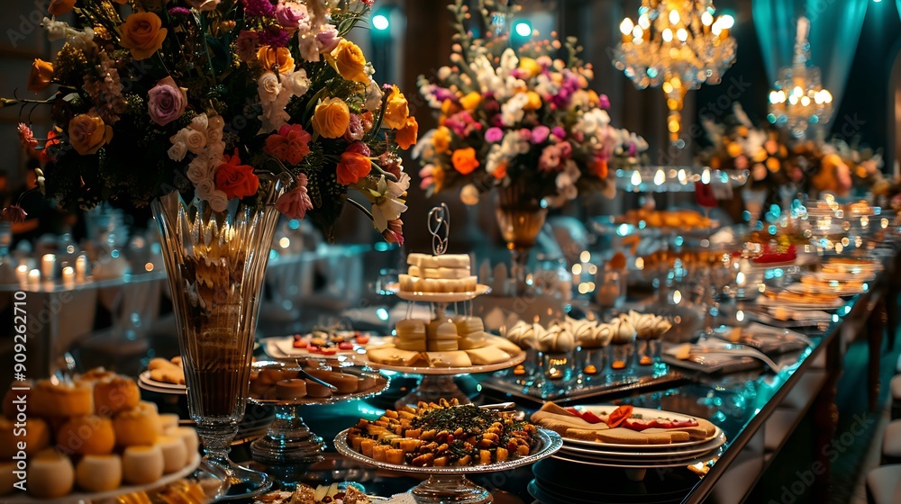 Tables with decorations bouquets of flowers food candles and cine decorations are ready for wedding or big venue inside a huge ballroom or wedding reception Tables with decorations bouquets of flowers food candles and cine decorations are ready for wedding or big venue inside a huge ballroom or wedding reception