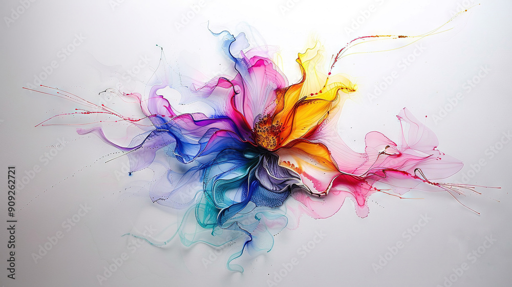 A multicolored bloom on a white canvas with splatters of paint beneath it and on its petals A multicolored bloom on a white canvas with splatters of paint beneath it and on its petals