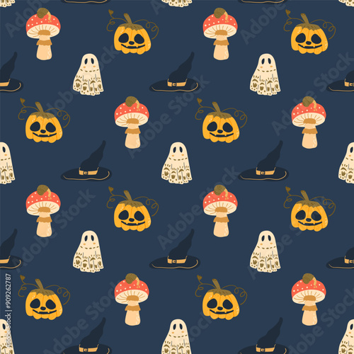 Halloween dark seamless pattern. All Hallows' Eve continuous background. Pumpkins, holiday ghosts, fly agaric and hat repeat surface. Vector illustration.
