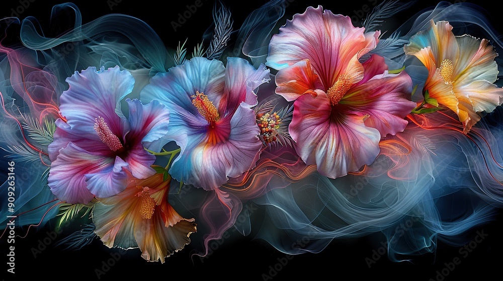 Colorful flowers on water, black backdrop Colorful flowers on water, black backdrop