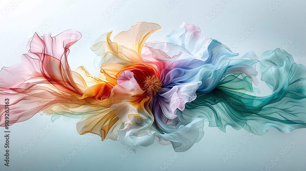 A colorful flower on white background with blue sky in the distance and a lighter blue sky in the background A colorful flower on white background with blue sky in the distance and a lighter blue sky in the background