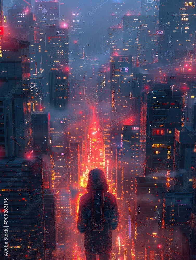 Vibrant Cyberpunk Cityscape With Neon Lights and Abstract Elements at Dusk