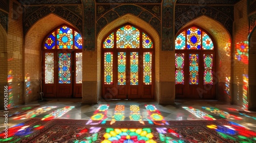 Stunning Stained Glass Windows Casting Colorful Patterns Inside Historic Persian Building During Daylight